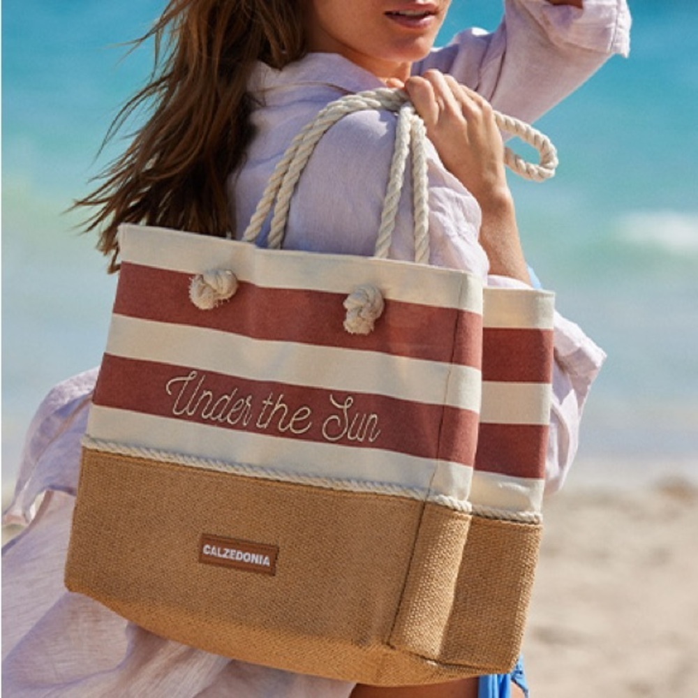 Calzedonia Beach Tote Bag Rope Handle Straw Woven Pink Cream Striped Large NWT